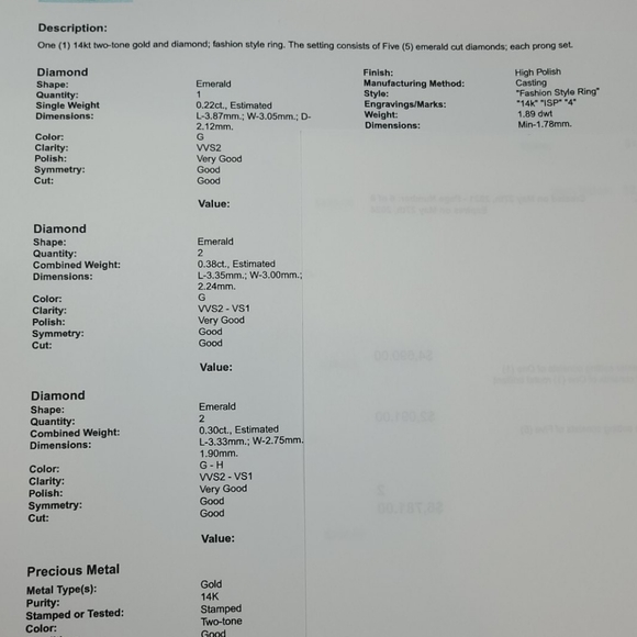G/VVS2 1CT EMERALD CUT 5 STONE WITH APPRAISAL - Picture 15 of 15